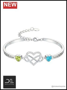 18K White Gold Plated Sisters Infinity Birthstone Bracelet Heart Charm Jewelry